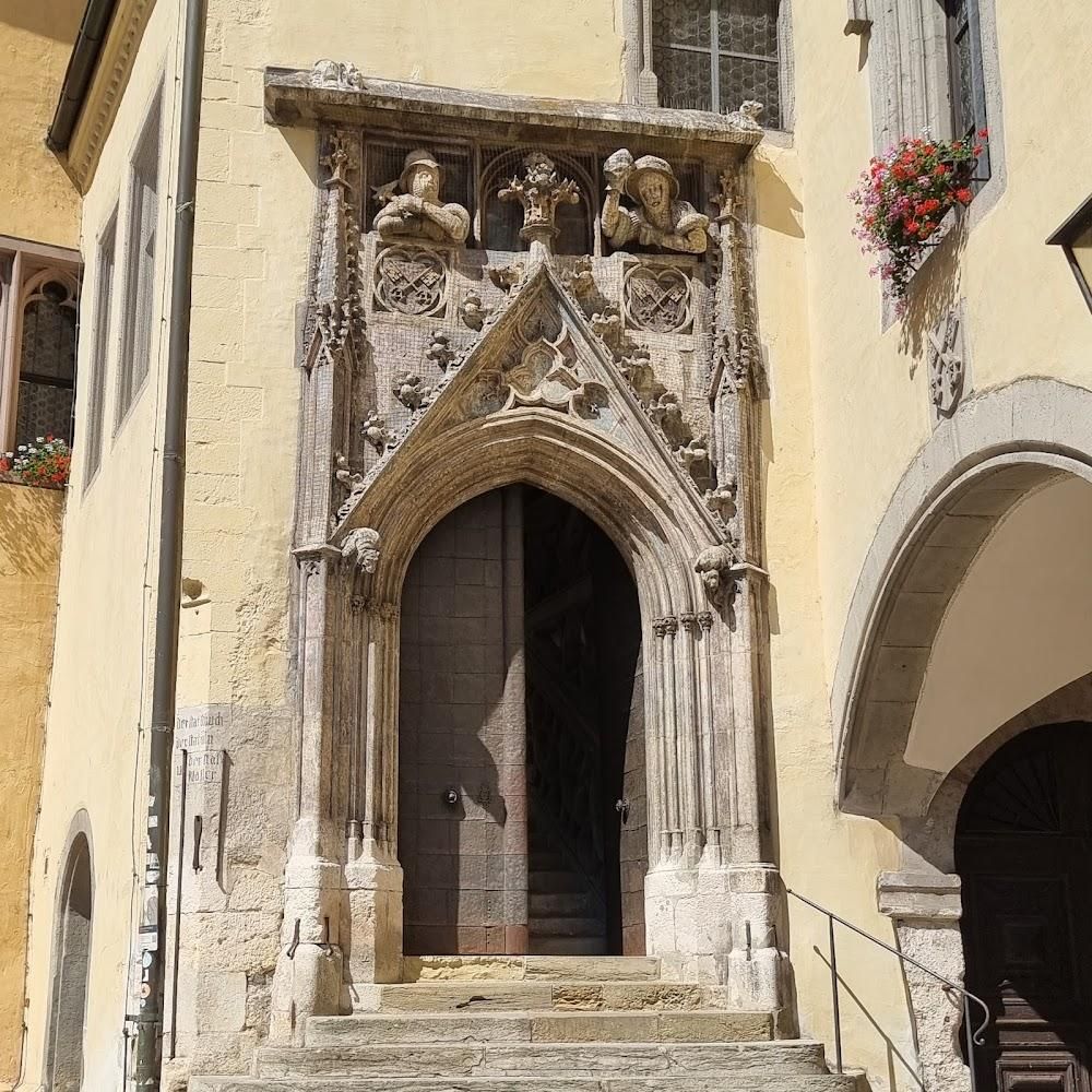 Ornate doorway with steps, part of the Landshut Residence.